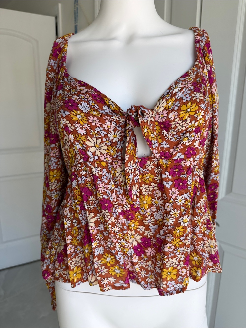 Patrons of Peace Rust & Magenta Floral Tie-Front Blouse